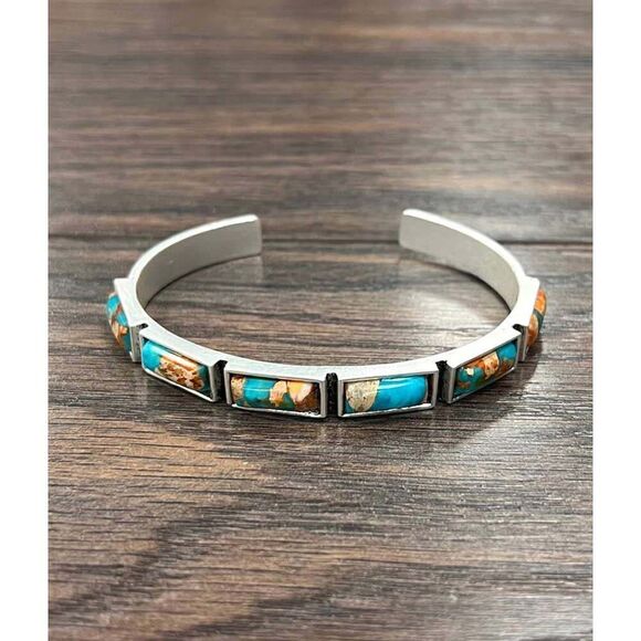 Bar Gemstone Cuff Bracelet‎ in Antique Silver Style, Southwestern Chic, Ships in - Picture 6 of 11